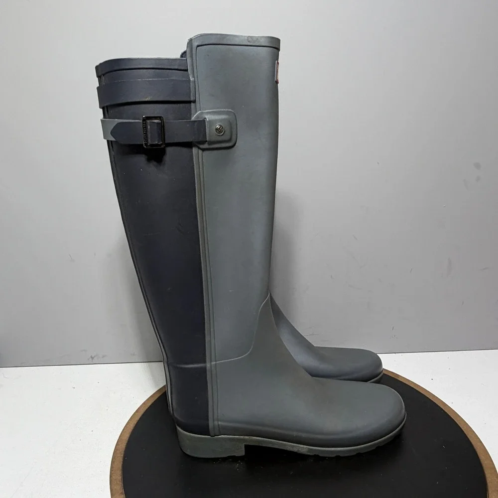 Hunter Rain Slate Boots Women 8 Grey Navy Blue Tall‎ Waterproof Matte Buckle